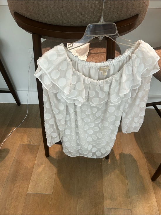 Michael Kors Tops - Michael Kors White Polka-Dot Off-Shoulder Ruffle Tunic